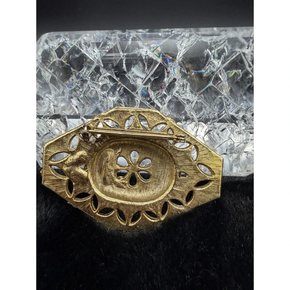 Black Enamel Brooch Gold‎ Tone Ornate Flower Scroll Design Vintage